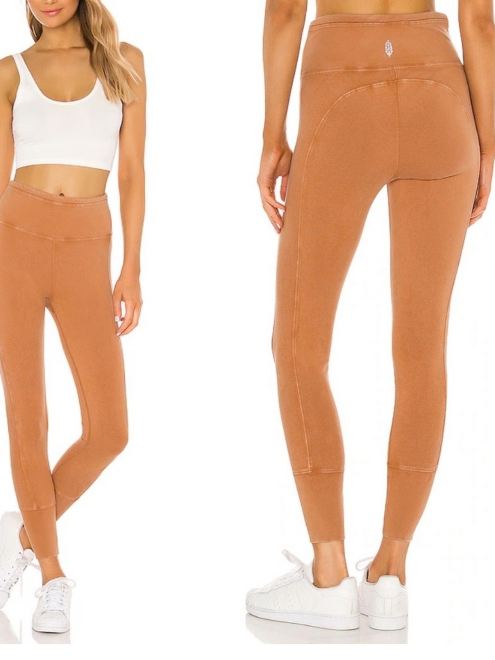 FP Movement Hot Shot Ribbed Ochre Tan High-Rise Leggings W Side Pockets hi Rise